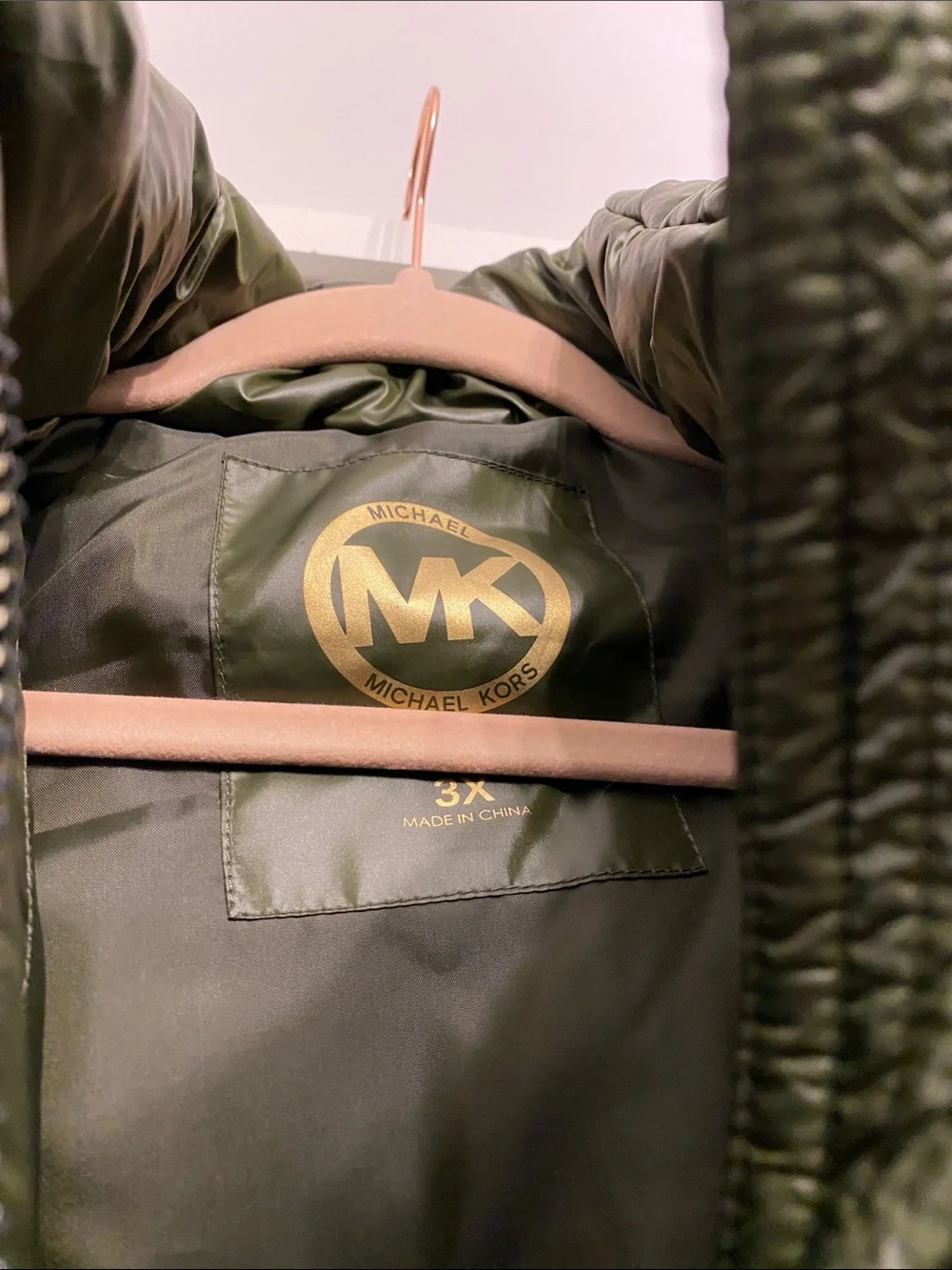 NWT Michael Kors Mixed Media Hooded Quilted Jacket Olive Green Plus Size 3X